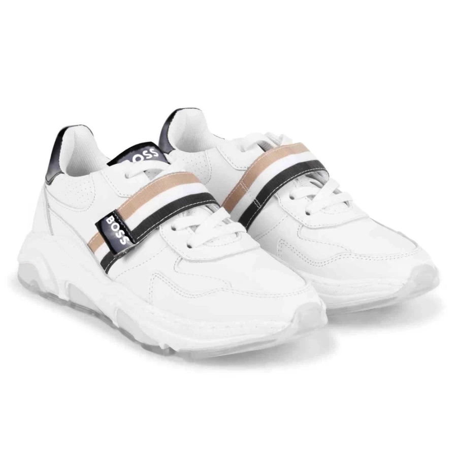 BOSS Girls' White Leather Hook-And-Loop Trainers
