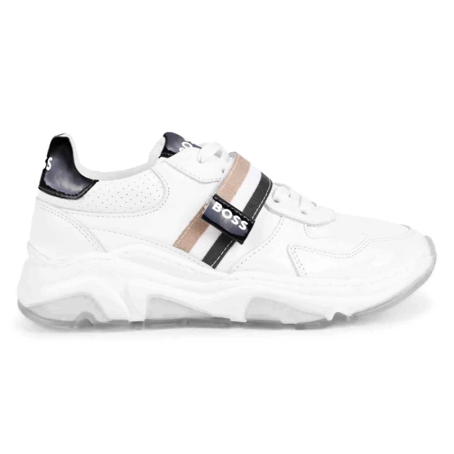BOSS Girls' White Leather Hook-And-Loop Trainers