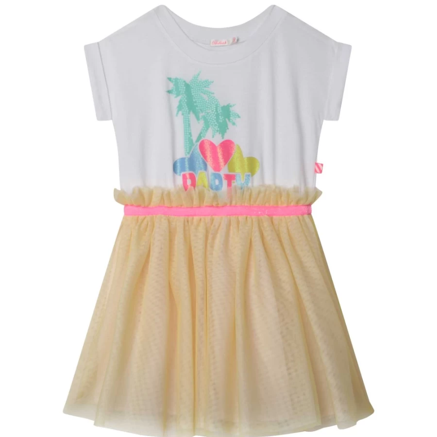 BILLIEBLUSH Girls' White Short-Sleeve Bi-Material Dress