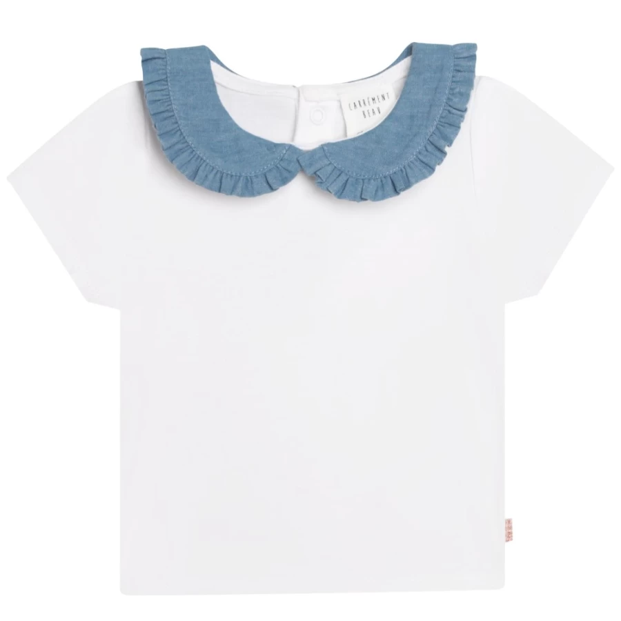 CARREMENT BEAU Girls Cotton Peter Pan Collar T-Shirt in White & Blue