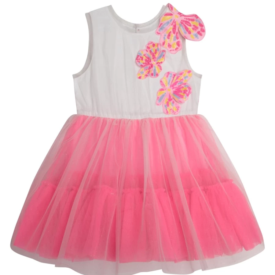 BILLIEBLUSH Pink Tulle Party Dress for Girls - Elegant Floral Embroidery Ball Gown