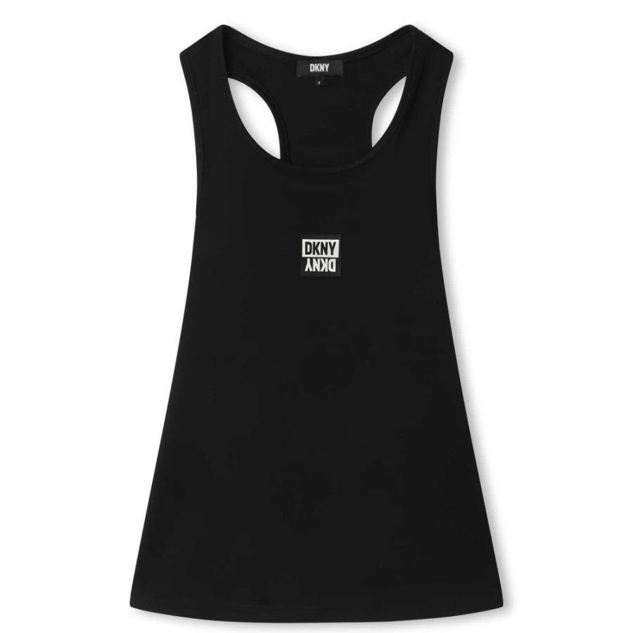 DKNY Girls Black Vest Top With Embroidered Badge - Stylish Sleeveless Tee for Kids