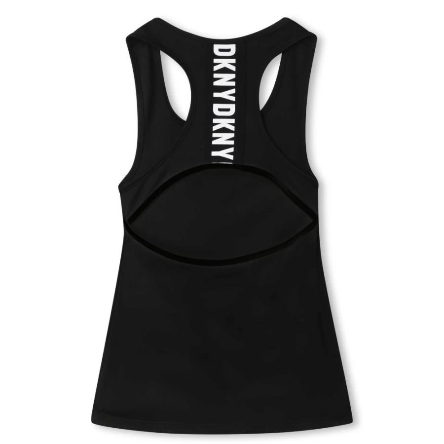 DKNY Girls Black Vest Top With Embroidered Badge - Stylish Sleeveless Tee for Kids