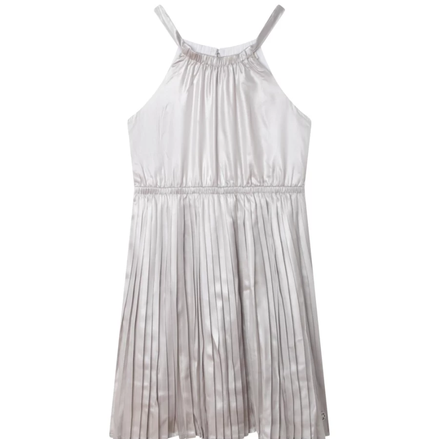 MICHAEL KORS Light Grey Pleated Midi Dress for Girls with Medal Detail