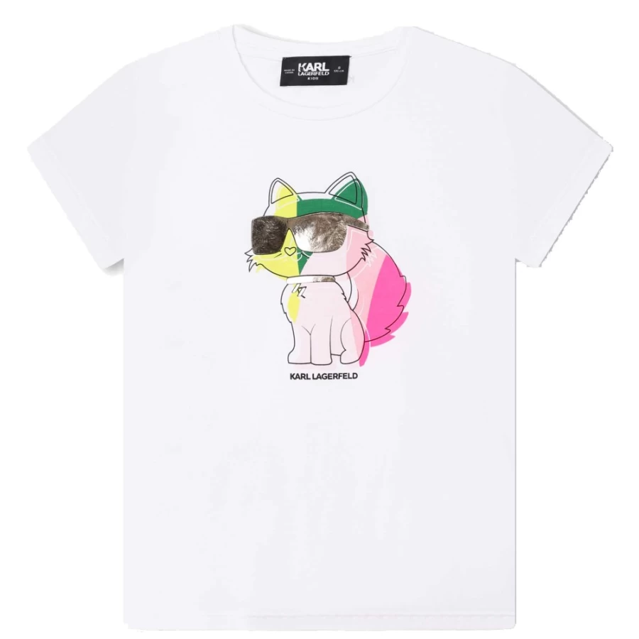 KARL LAGERFELD KIDS Girls' Short-Sleeved Cotton T-Shirt in White and Green