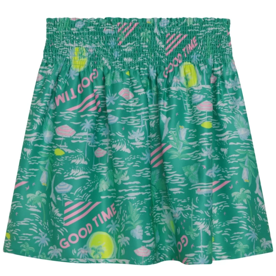 BILLIEBLUSH Sea-Green Printed Satin Skirt for Girls - Elegant Floral Design Fashion Skirt