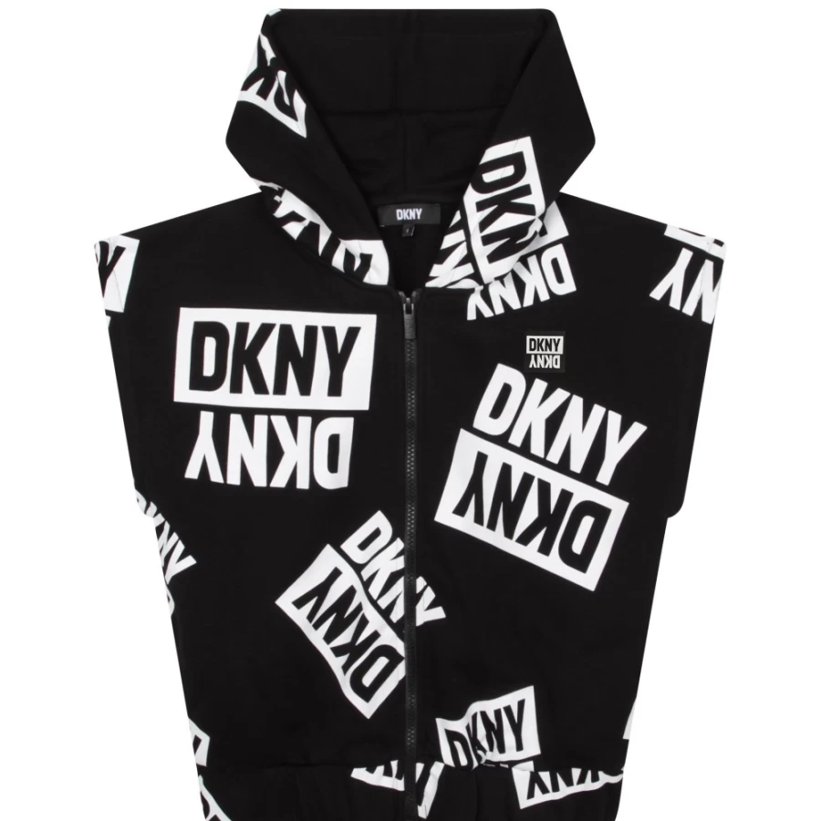 DKNY Girls' Black & White Sleeveless Zipped Hoodie for Stylish Comfort