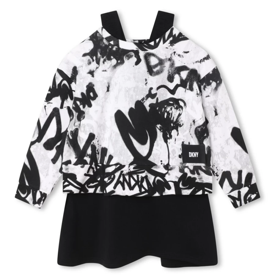 DKNY Girls' 2-In-1 White & Black Dress and Sweatshirt Combo