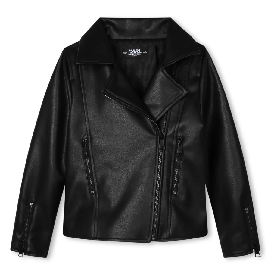 KARL LAGERFELD KIDS Black Coated Biker Jacket for Girls
