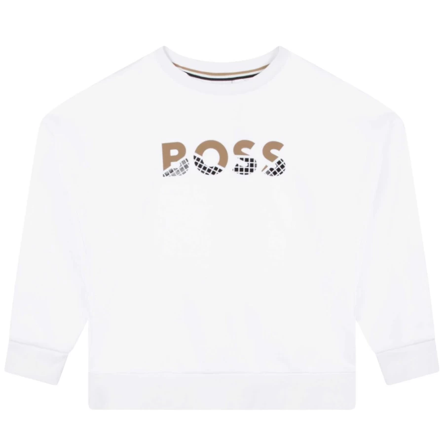 BOSS Girl's White Loose-Fit Cotton Sweatshirt - Comfortable Casual Pullover