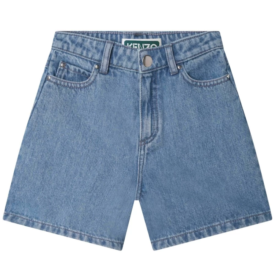 KENZO KIDS Pale Blue Embroidered Jeans Shorts for Girls