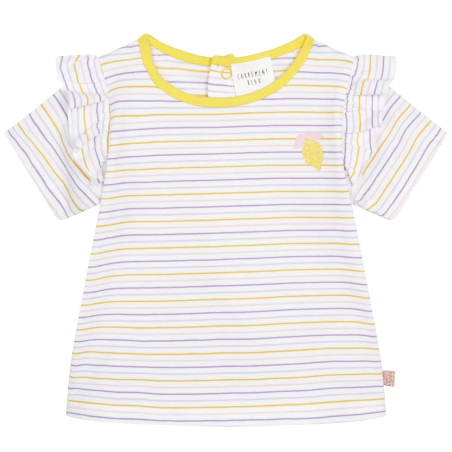 CARREMENT BEAU Girls' White Striped Frill T-Shirt - Feminine Ruffle Detail Top