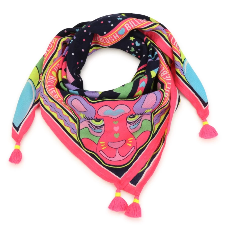 BILLIEBLUSH Navy Square Printed Pom-Pom Scarf for Girls - Stylish Winter Accessory