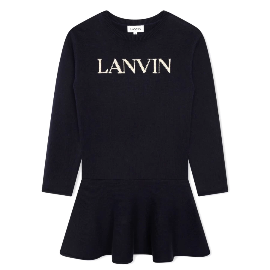 LANVIN Navy Frilled Knitted Dress for Girls - Elegant Ruffled Knit Dress