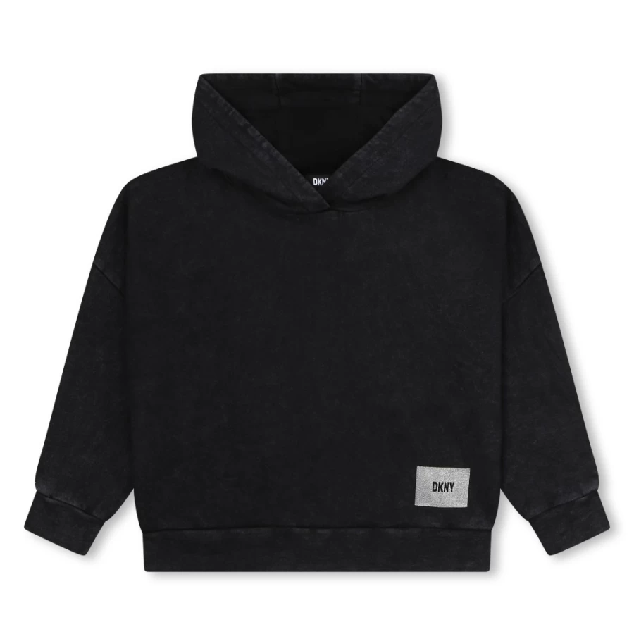 DKNY Girls Black Hooded Sweatshirt for Kids - Soft Cotton Pullover with Front Pocket