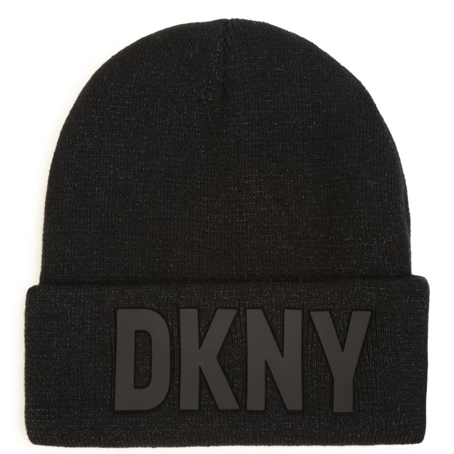 DKNY Black Knitted Hat for Girls - Embroidered Logo Winter Beanie