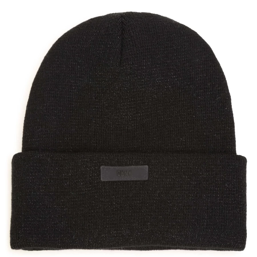 DKNY Black Knitted Hat for Girls - Embroidered Logo Winter Beanie