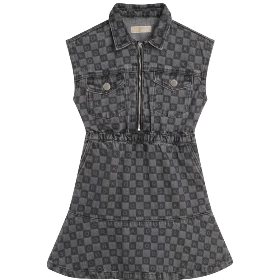 MICHAEL KORS Girl's Denim Grey Chequered Stretch-Waist Flowy Dress