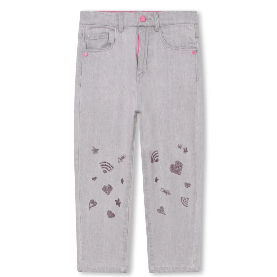 BILLIEBLUSH Embroidered Cotton Jeans for Girls in Denim Grey - Stylish Comfort Fit