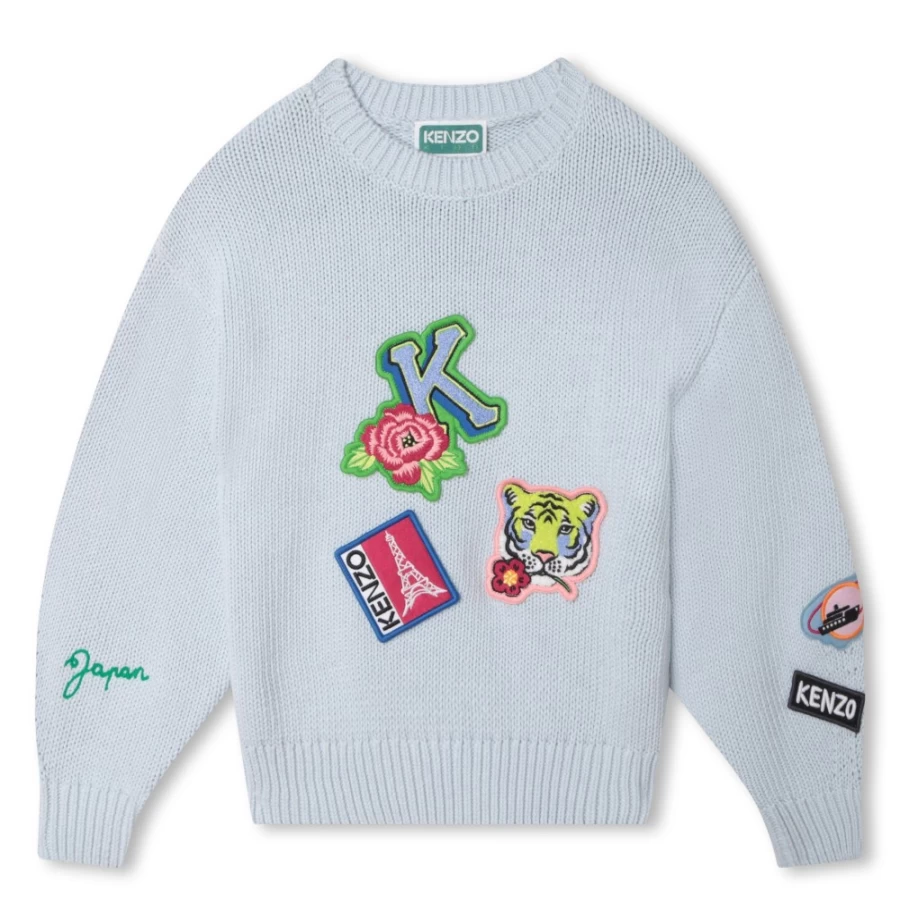 KENZO KIDS Pale Blue Knitted Jumper With Patches for Girls
