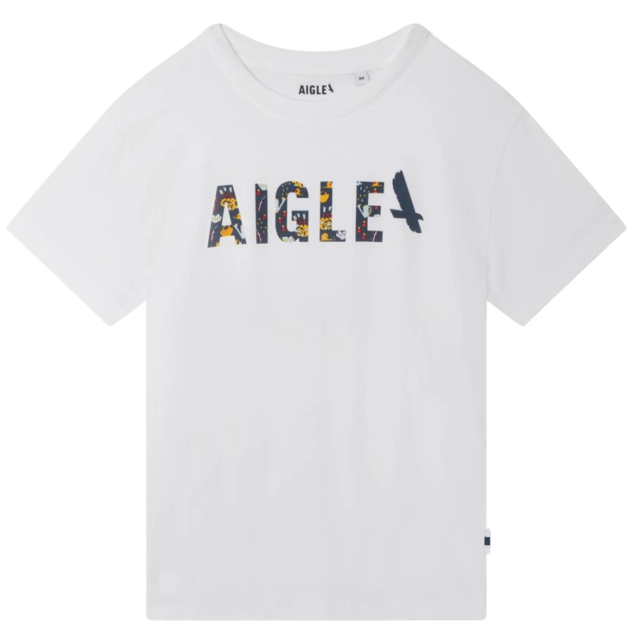 AIGLE Girls' White Printed T-Shirt - Stylish Casual Tee for Kids