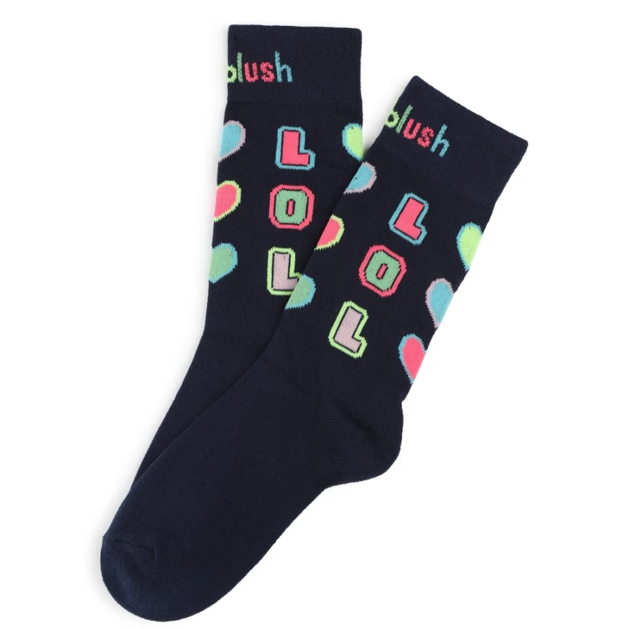 BILLIEBLUSH Navy Heart Print Tall Socks for Girls - Cute Knee-High Socks
