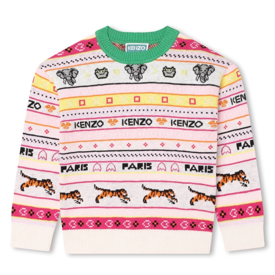KENZO KIDS Ivory Jacquard Jumper for Girls - Multicoloured Knit Sweater