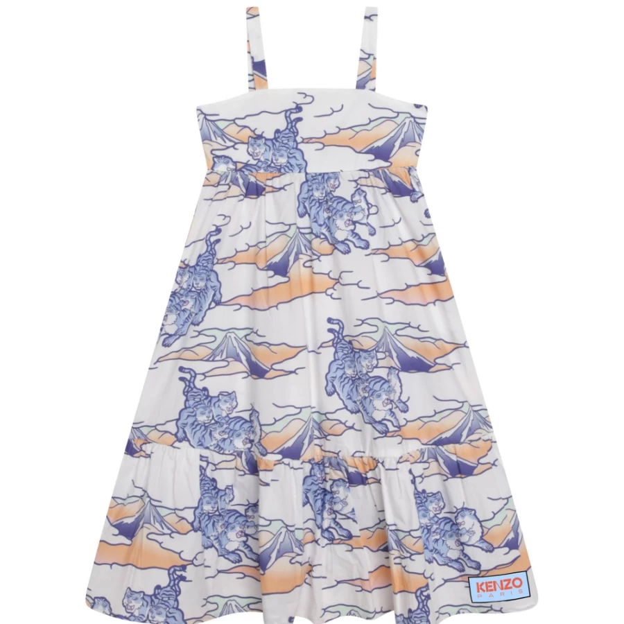 KENZO KIDS Girl's White Cotton Print Dress with Frill Details