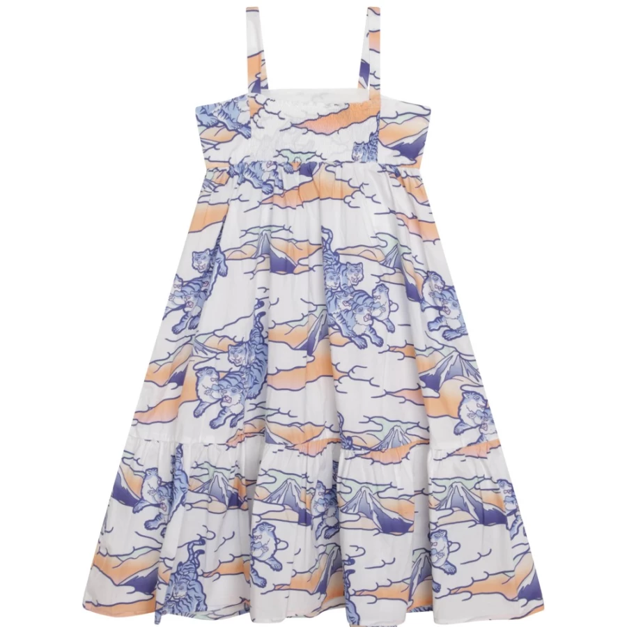 KENZO KIDS Girl's White Cotton Print Dress with Frill Details