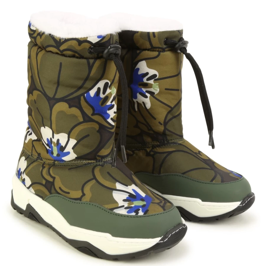 KENZO KIDS Girls' Khaki Patterned Snow Boots for Winter Warmth & Style
