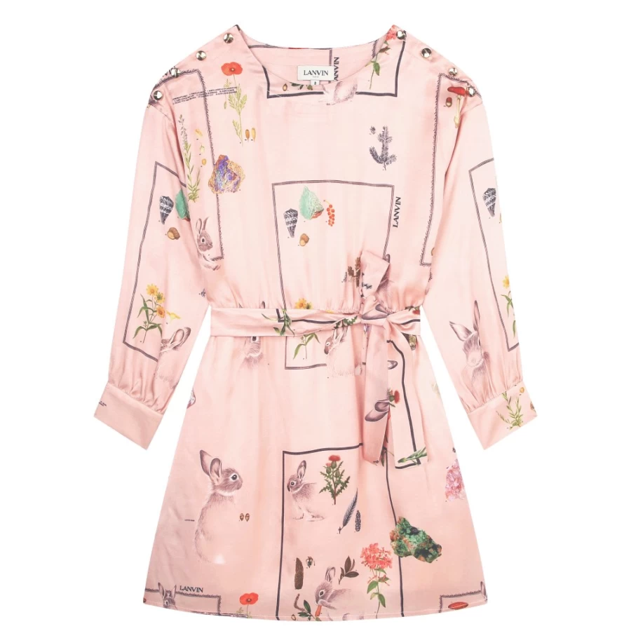 LANVIN Pink Satin Long-Sleeved Dress for Girls