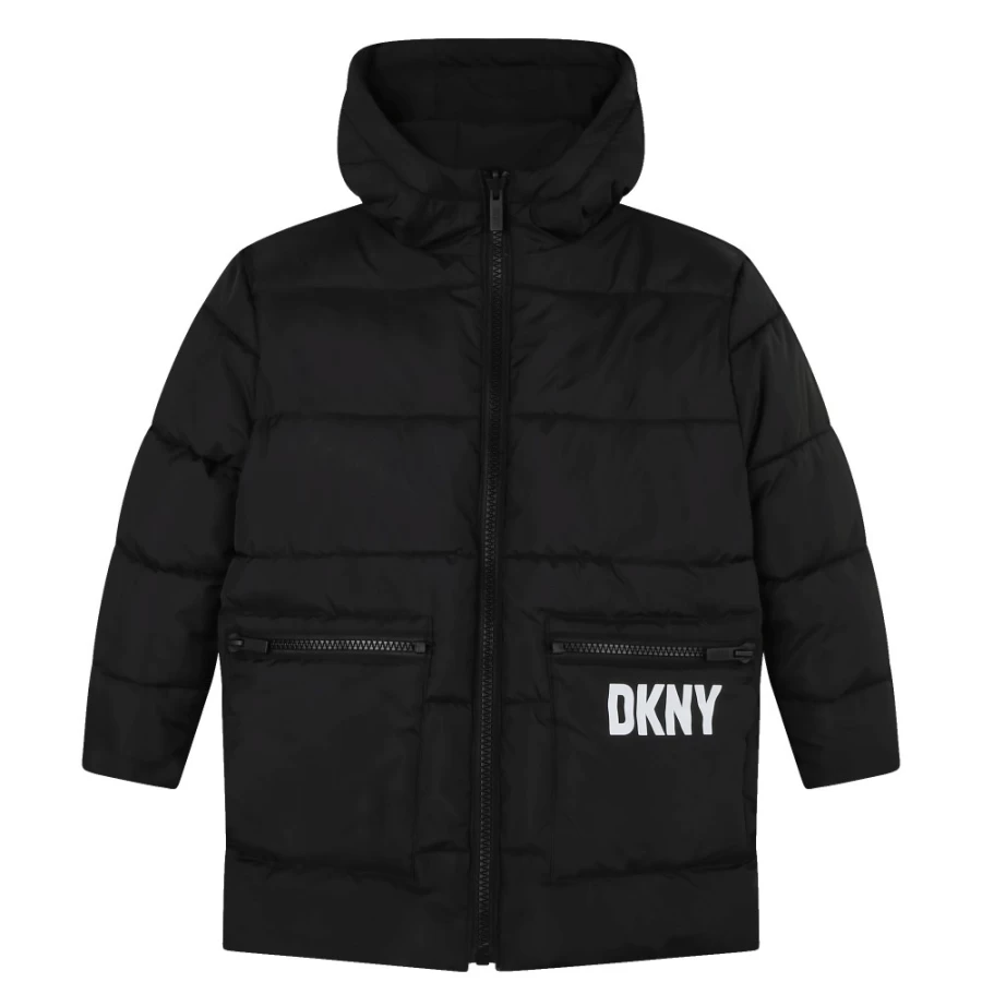 DKNY Girls' Black Water-Repellent Parka – Lightweight Windproof Jacket for Outdoor Activities