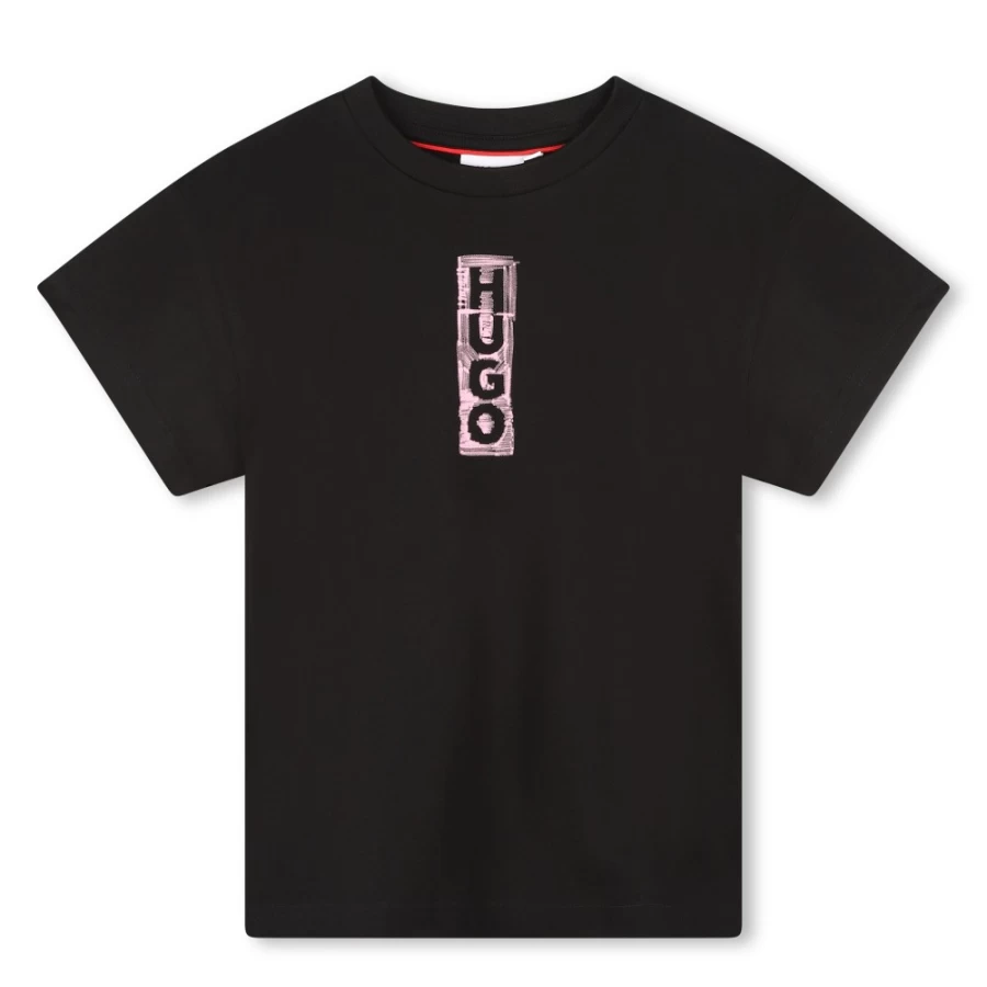 HUGO Black Cotton Logo Print T-Shirt for Girls