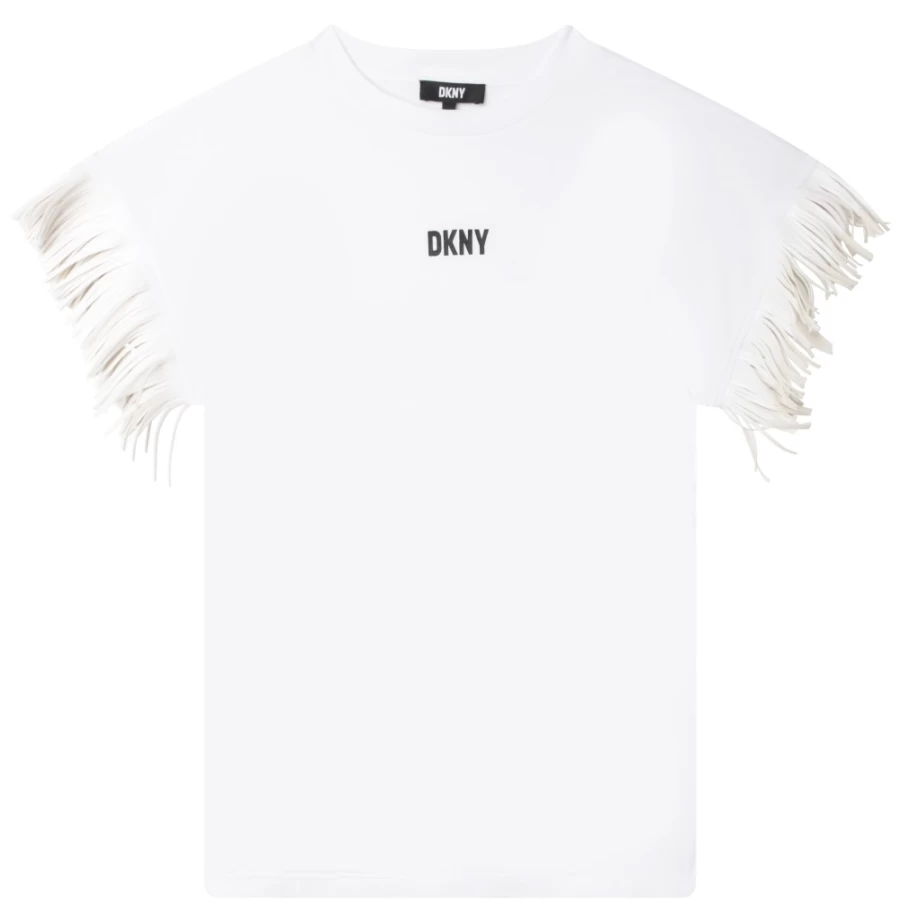 DKNY Girls' White Short-Sleeved Fringed Dress for Kids