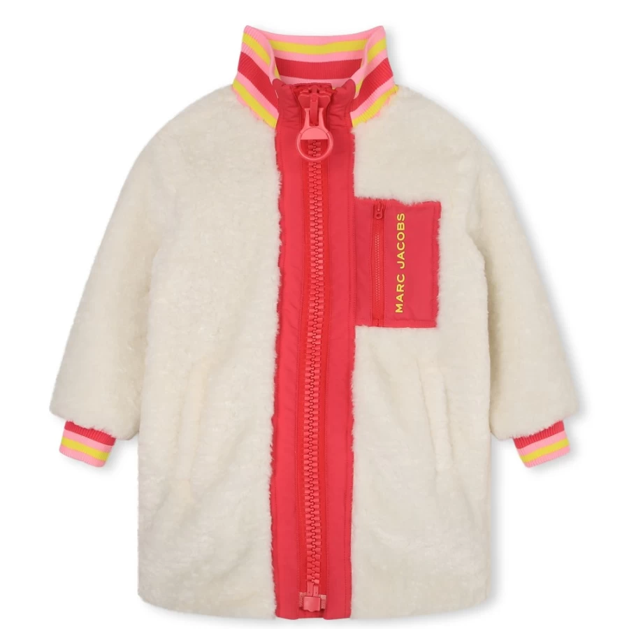 MARC JACOBS Girls Ivory Fluffy Polar Fleece Coat for Winter Warmth
