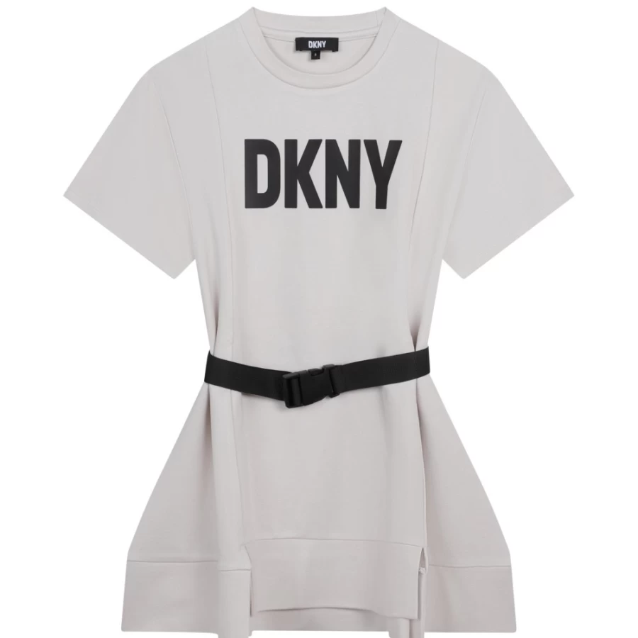 DKNY Girls' White Short-Sleeved Belted Dress for Summer