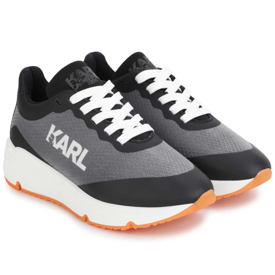 KARL LAGERFELD KIDS Black Lace-Up Trainers for Girls - Dual-Fabric Design