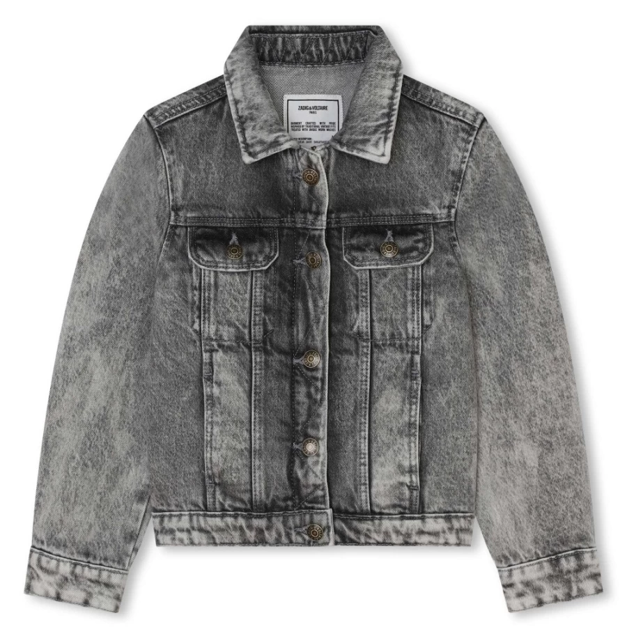 ZADIG & VOLTAIRE Embroidered Denim Jacket for Girls in Grey Wash Distressed Style