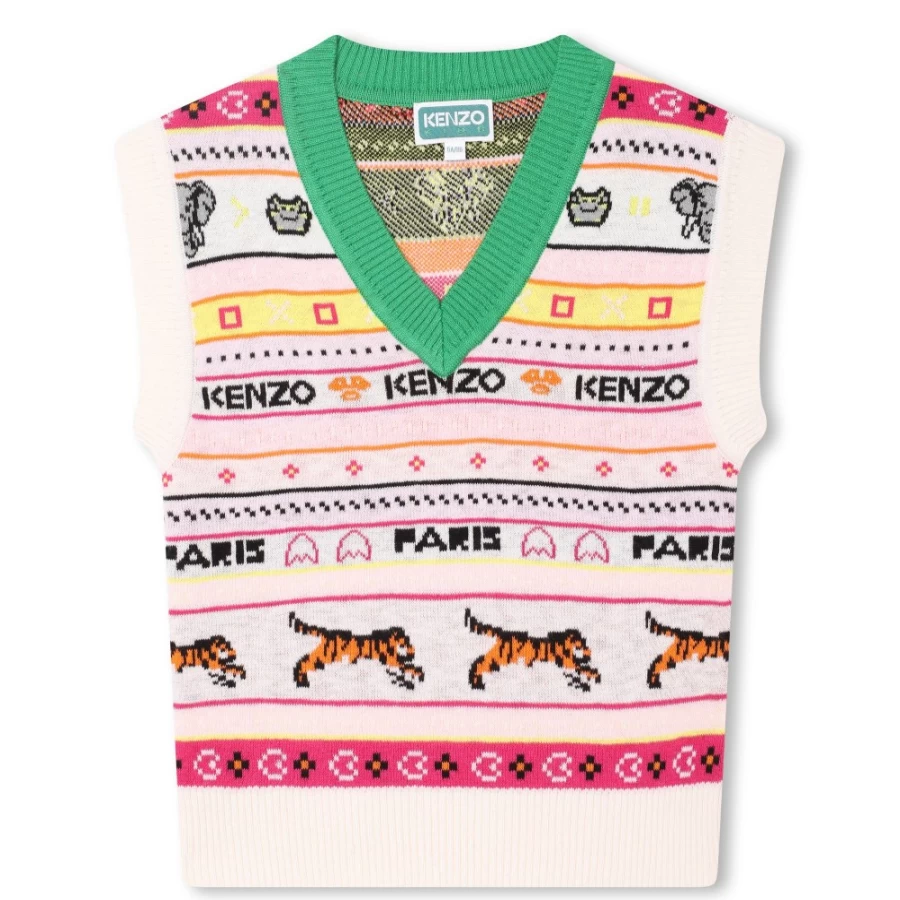 KENZO KIDS Girls Ivory Knitted Vest - Soft Cotton Winter Wear for Toddlers