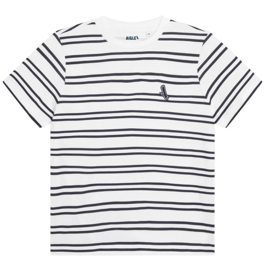 AIGLE Girls' White Striped T-Shirt with Embroidered Patch