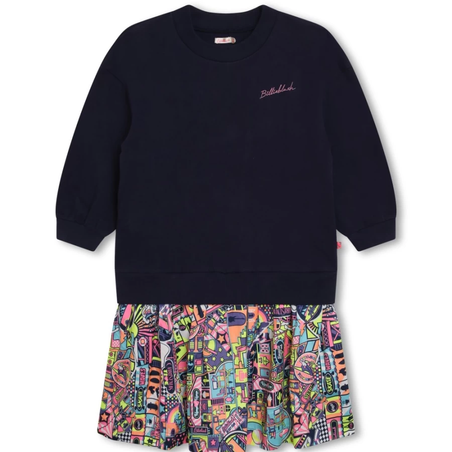 BILLIEBLUSH Navy Flared Bimaterial Dress for Girls - Stylish Two-Tone Design