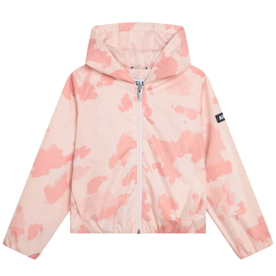 AIGLE Girls' Washed Pink Printed Hooded Windbreaker Jacket