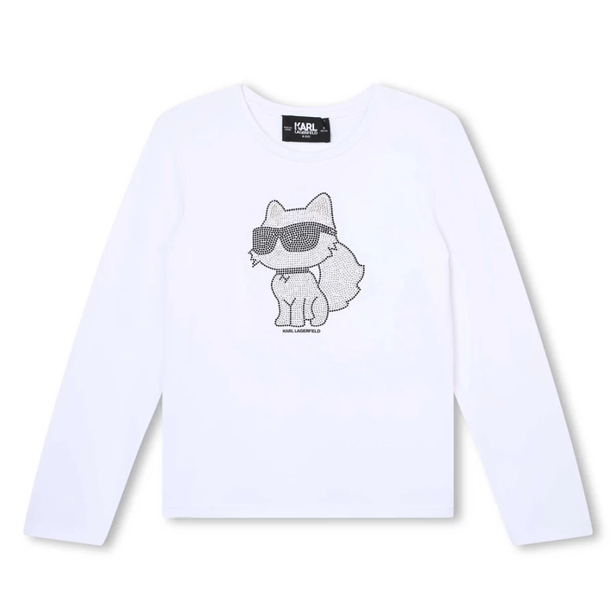 KARL LAGERFELD KIDS Girls White Cotton Rhinestone Embellished T-Shirt