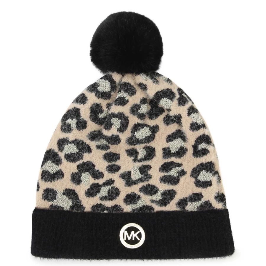 MICHAEL KORS Leopard Print Pompom Knit Hat for Girls - Off White & Black Winter Beanie