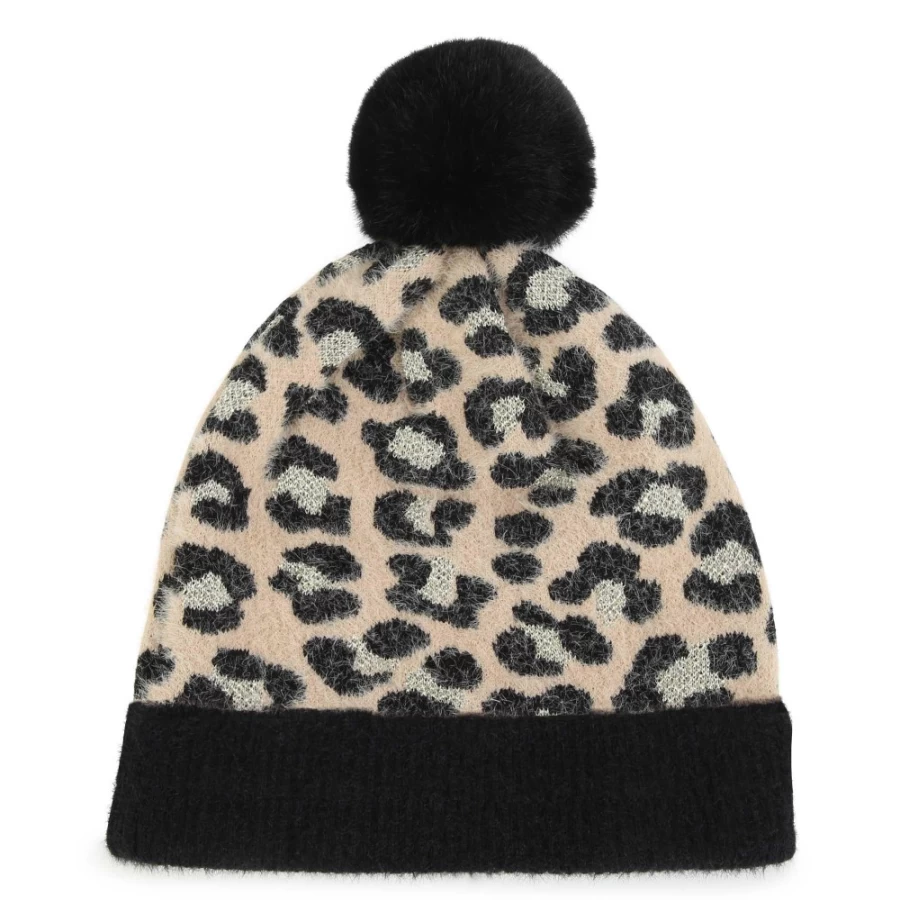 MICHAEL KORS Leopard Print Pompom Knit Hat for Girls - Off White & Black Winter Beanie