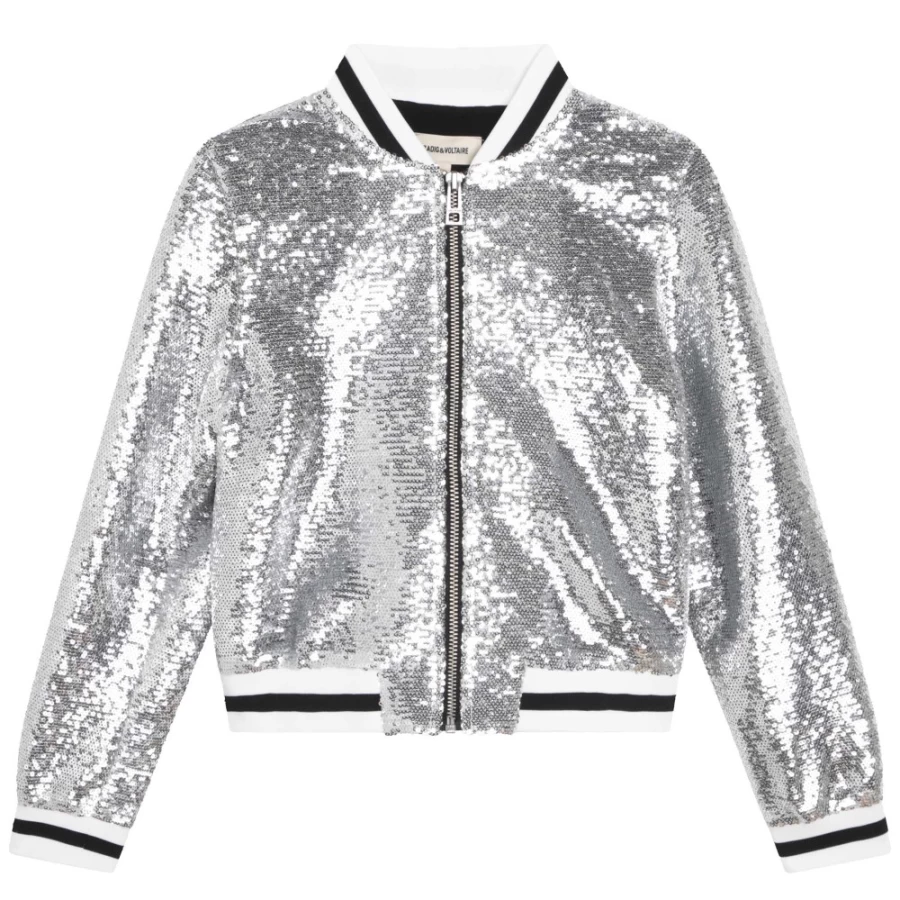 ZADIG & VOLTAIRE Light Grey Sequinned Bomber Jacket for Girls | Sparkling Zip-Up Outerwear