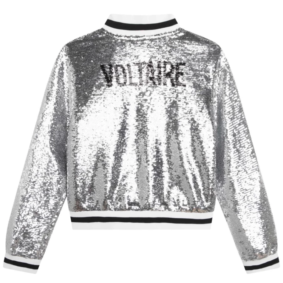 ZADIG & VOLTAIRE Light Grey Sequinned Bomber Jacket for Girls | Sparkling Zip-Up Outerwear