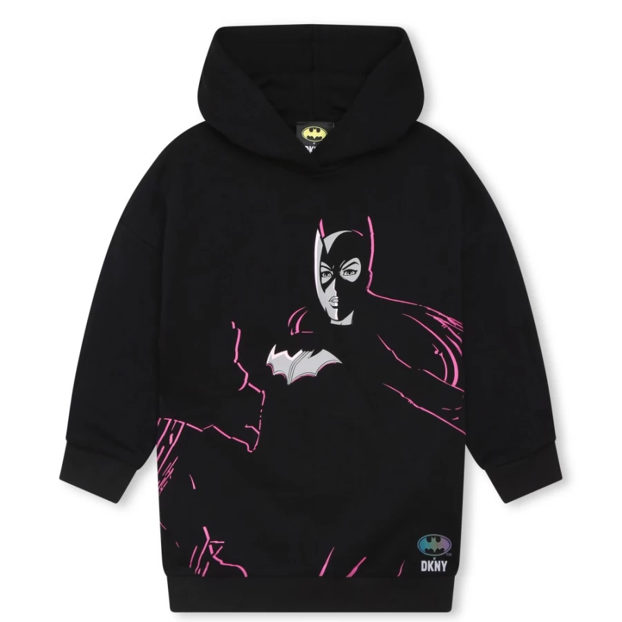 DKNY Girls' Black Hooded Sweatshirt Dress - Casual Pullover Hoodie Dress
