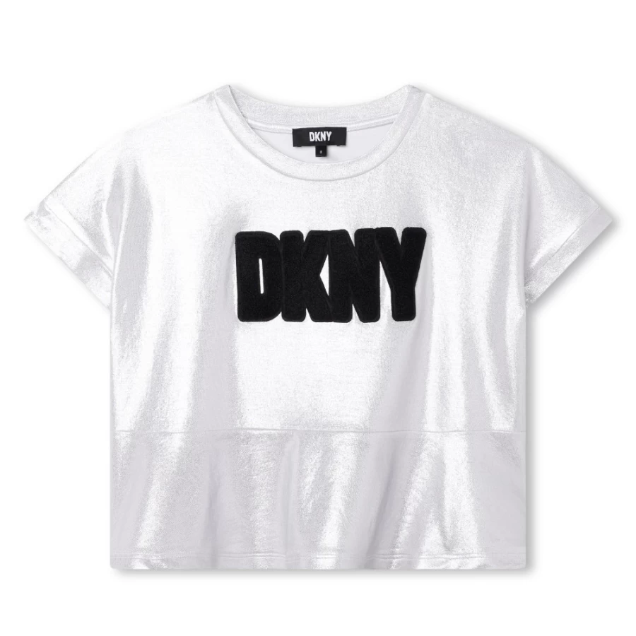 DKNY Light Grey Metallic Party T-Shirt for Girls