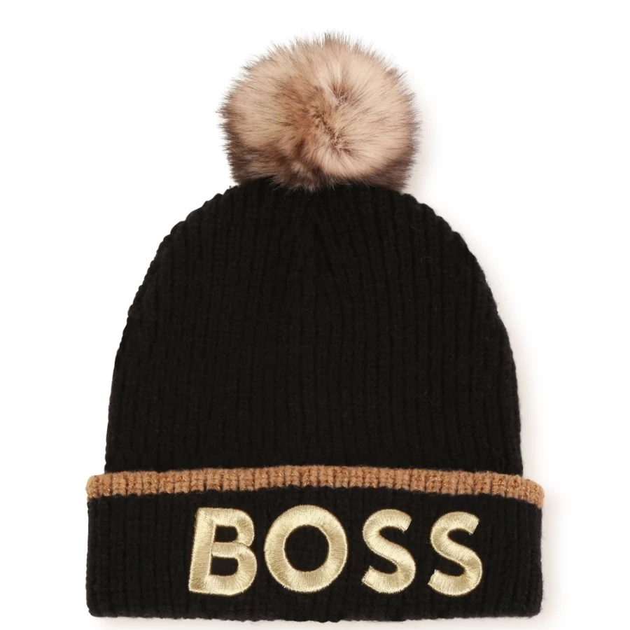 BOSS Black Embroidered Pompom Beanie for Girls - Winter Knit Hat with Stylish Design